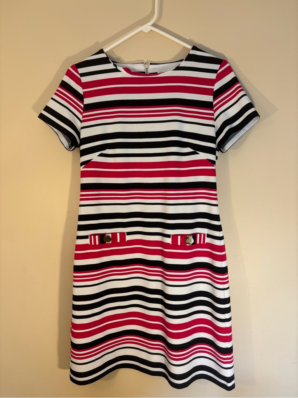 Jade Striped Short-Sleeve Shift Dress in Pink, Black & White